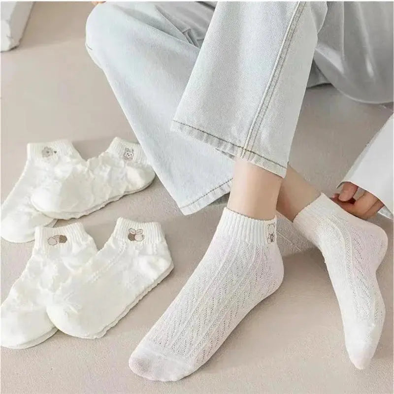5pairs Women Socks Spring Summer Cute Bear Rabbit Rainbow Print Ankle Socks Casual Short Socks luxecrown.co.uk