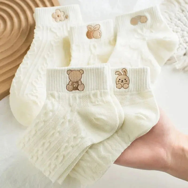 5pairs Women Socks Spring Summer Cute Bear Rabbit Rainbow Print Ankle Socks Casual Short Socks luxecrown.co.uk
