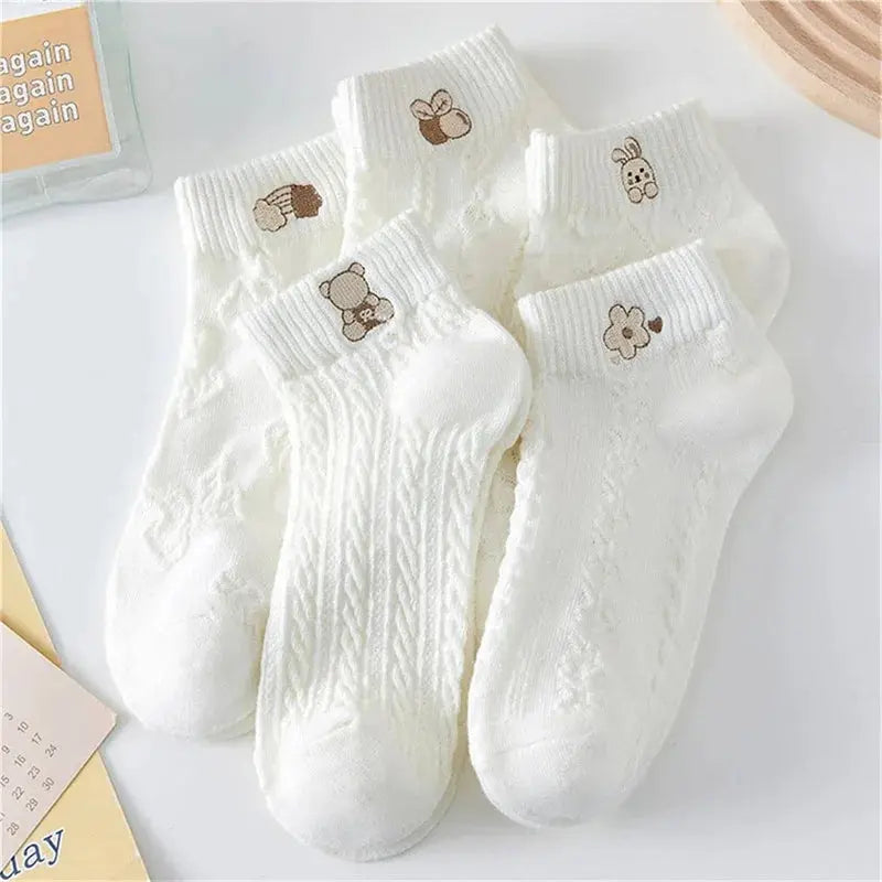5pairs Women Socks Spring Summer Cute Bear Rabbit Rainbow Print Ankle Socks Casual Short Socks luxecrown.co.uk