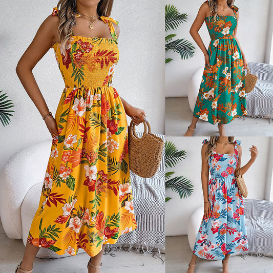 Flowers Print Suspender Corset Dress Ins Fashion Holiday Beach Long Dresses Summer Clothing For Women StreetSharks
