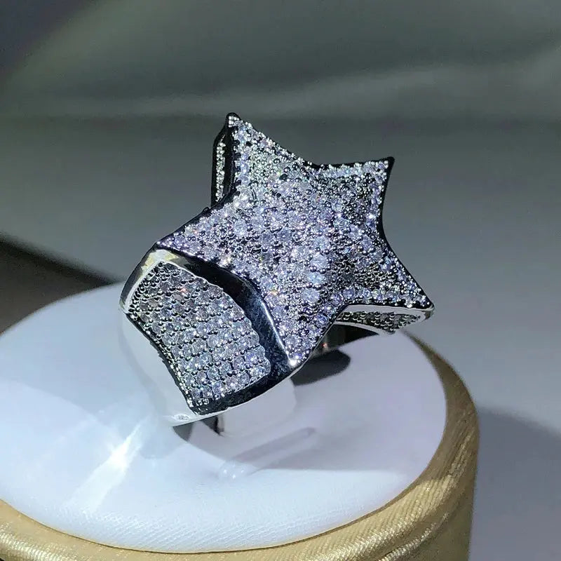 925 Silver High Quality Hip Hop Big Five Star Ring For Women Pave Setting Zircon Ring Party Cookic Jewelry Gift Streetsharks