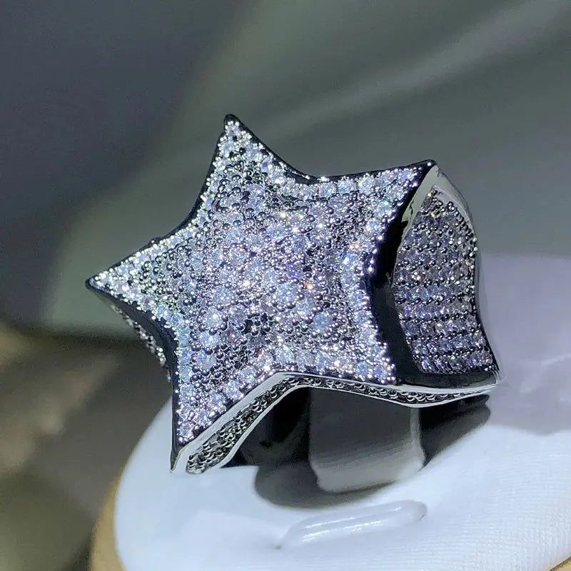 925 Silver High Quality Hip Hop Big Five Star Ring For Women Pave Setting Zircon Ring Party Cookic Jewelry Gift Streetsharks