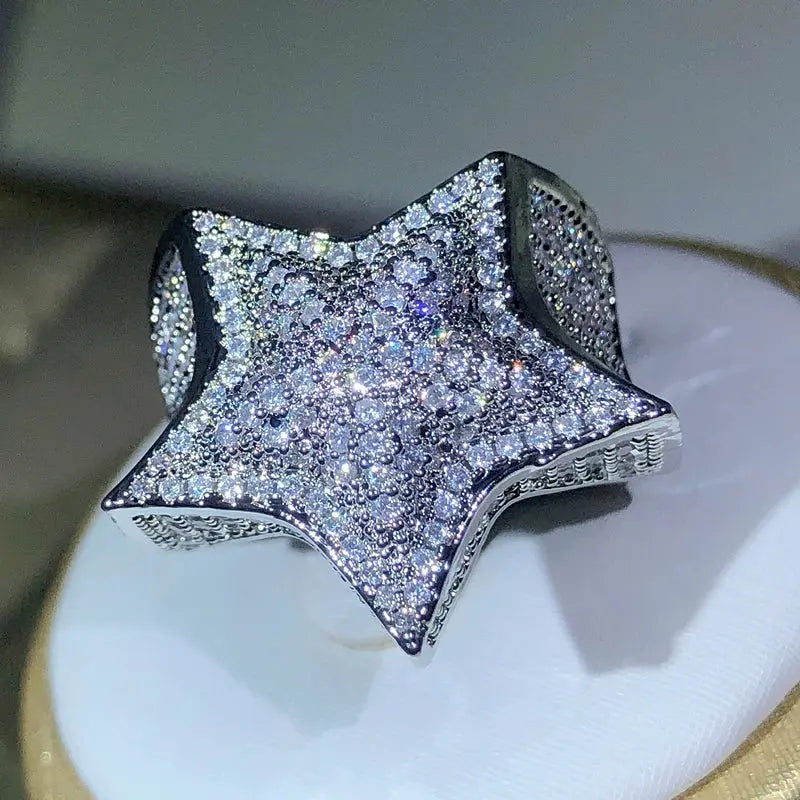 925 Silver High Quality Hip Hop Big Five Star Ring For Women Pave Setting Zircon Ring Party Cookic Jewelry Gift Streetsharks