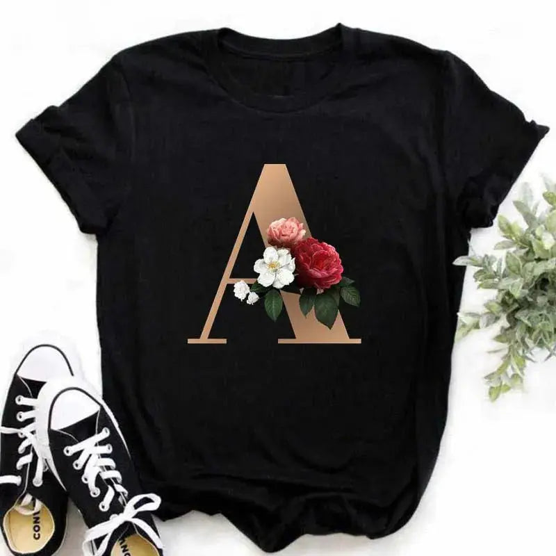 A B C D E English Alphabet Print T Shirt Women New Summer Couples Lovers Female T-Shirt Harajuku Casual Black Tops Tshirts luxecrown.co.uk