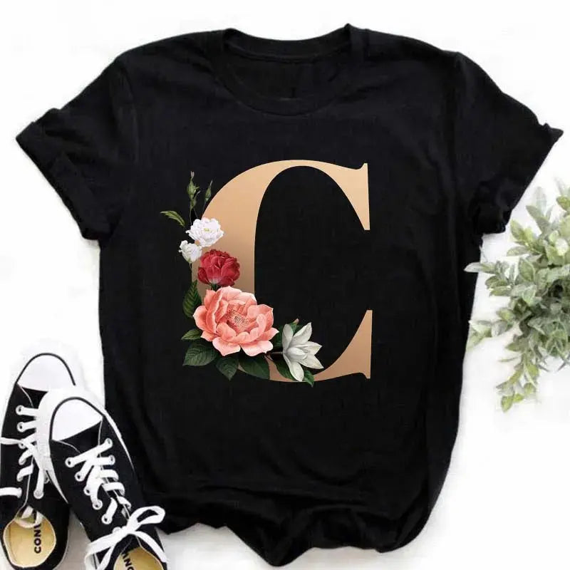 A B C D E English Alphabet Print T Shirt Women New Summer Couples Lovers Female T-Shirt Harajuku Casual Black Tops Tshirts luxecrown.co.uk