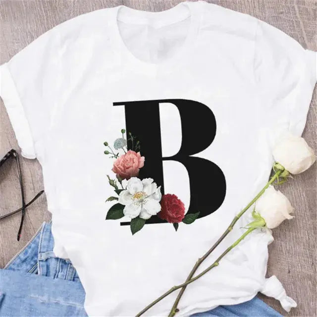 A B C D E English Alphabet Print T Shirt Women New Summer Couples Lovers Female T-Shirt Harajuku Casual Black Tops Tshirts luxecrown.co.uk