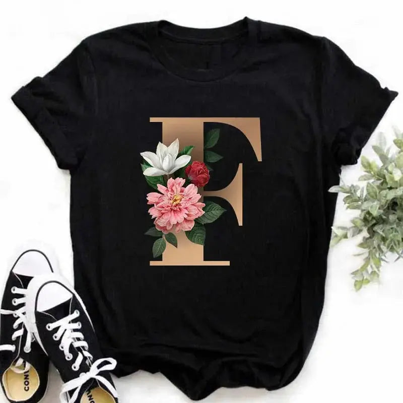 A B C D E English Alphabet Print T Shirt Women New Summer Couples Lovers Female T-Shirt Harajuku Casual Black Tops Tshirts luxecrown.co.uk