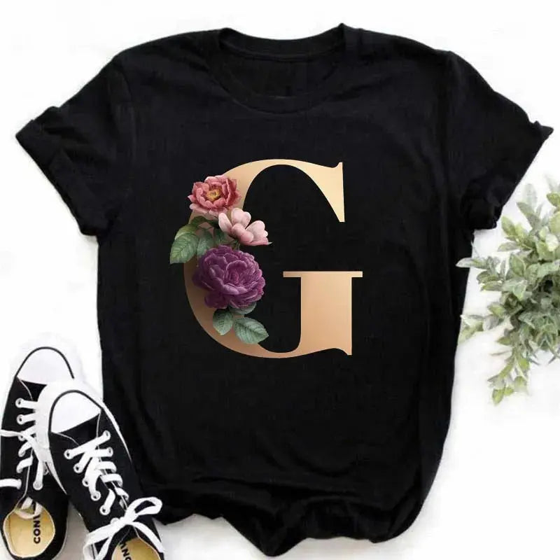 A B C D E English Alphabet Print T Shirt Women New Summer Couples Lovers Female T-Shirt Harajuku Casual Black Tops Tshirts luxecrown.co.uk