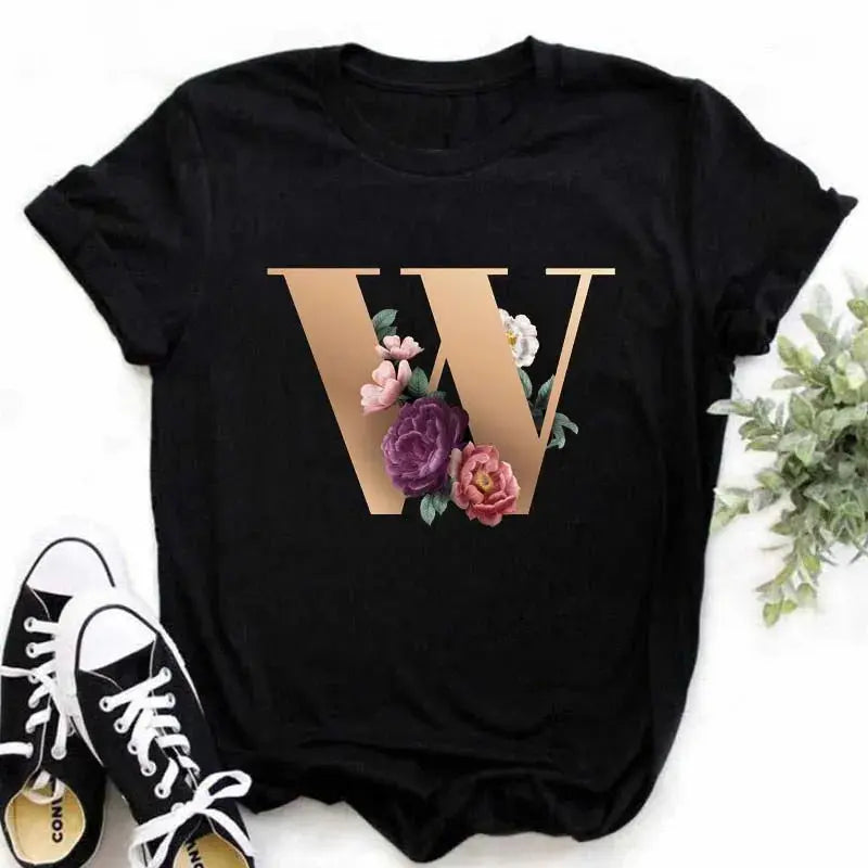 A B C D E English Alphabet Print T Shirt Women New Summer Couples Lovers Female T-Shirt Harajuku Casual Black Tops Tshirts luxecrown.co.uk