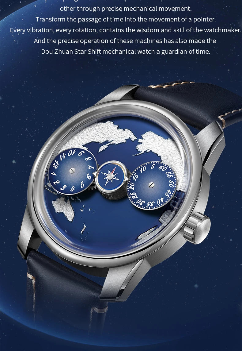 OBLVLO Top Luxury Earth DIal Transparent Automatic Movement Mens Watch Blue NIghtlight Leather Mechanical Watches Rejos JM-EARTH