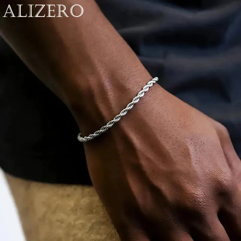 ALIZERO 925 Sterling Silver Unisex 4mm Rope Chain Bracelets for Men Women Twisted Links Chain Bracelet Simple Classic Jewelry Streetsharks