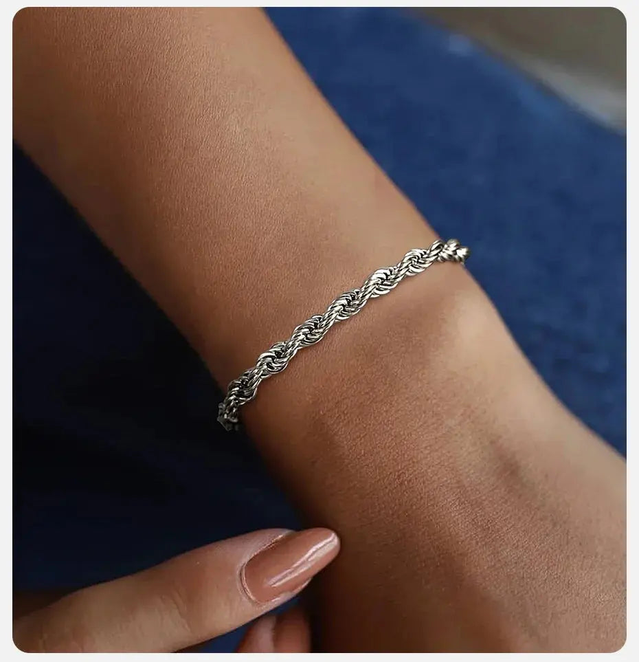 ALIZERO 925 Sterling Silver Unisex 4mm Rope Chain Bracelets for Men Women Twisted Links Chain Bracelet Simple Classic Jewelry Streetsharks