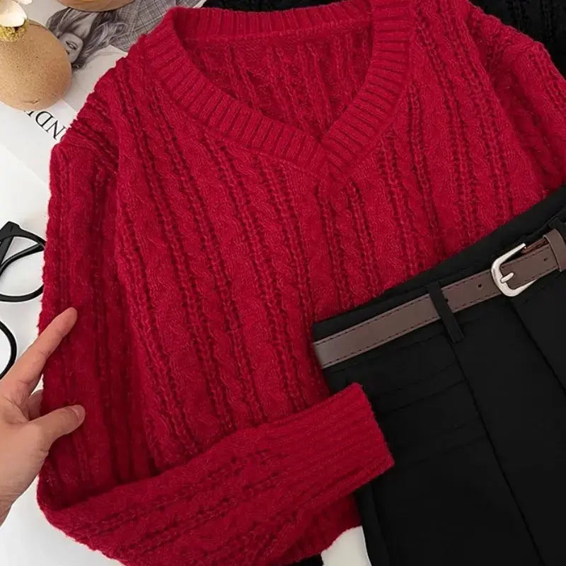 Autumn Striped Sweater Women Knitwears Solid Loose V Neck  Knit Pullover Warm Long Sleeves Tops Khaki Knitted Jumpers Women luxecrown.co.uk