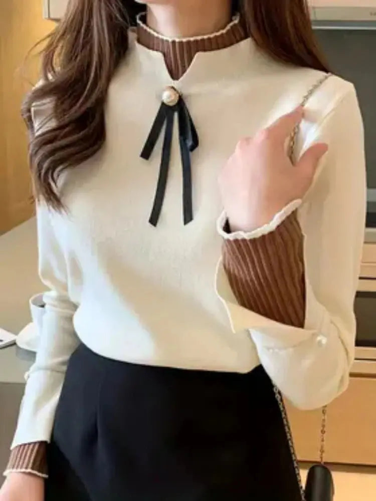 Autumn Winter Sweater Sweet Bow Knitwears Long Sleeve Slim Pullovers Women Solid Knitted Sweater Korean Casual Base Layer Y2k luxecrown.co.uk