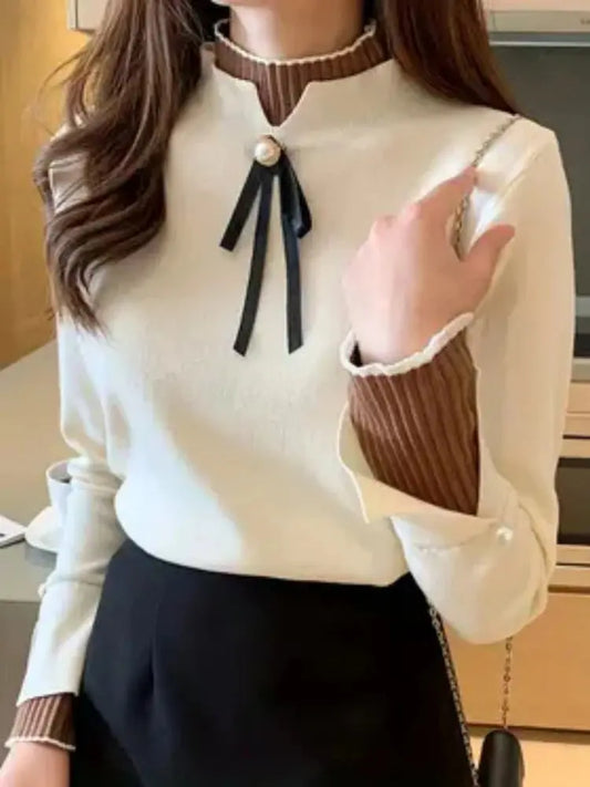 Autumn Winter Sweater Sweet Bow Knitwears Long Sleeve Slim Pullovers Women Solid Knitted Sweater Korean Casual Base Layer Y2k luxecrown.co.uk