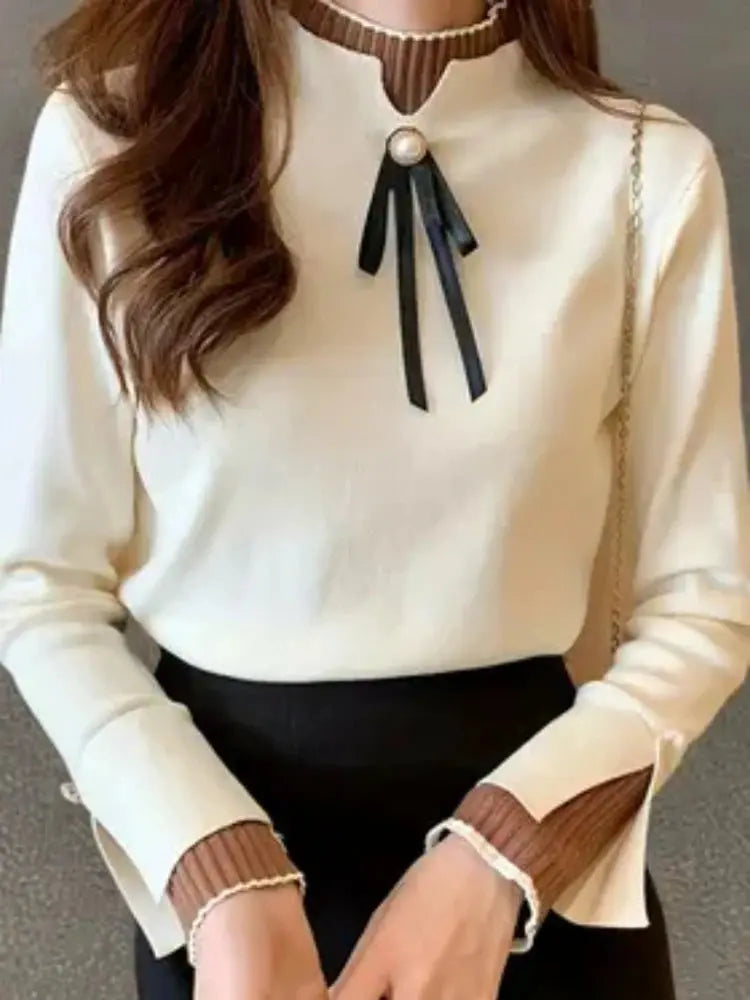 Autumn Winter Sweater Sweet Bow Knitwears Long Sleeve Slim Pullovers Women Solid Knitted Sweater Korean Casual Base Layer Y2k luxecrown.co.uk