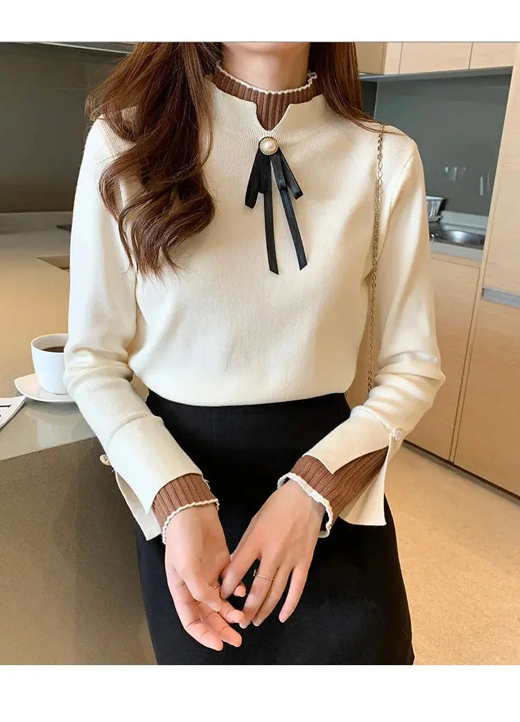 Autumn Winter Sweater Sweet Bow Knitwears Long Sleeve Slim Pullovers Women Solid Knitted Sweater Korean Casual Base Layer Y2k luxecrown.co.uk