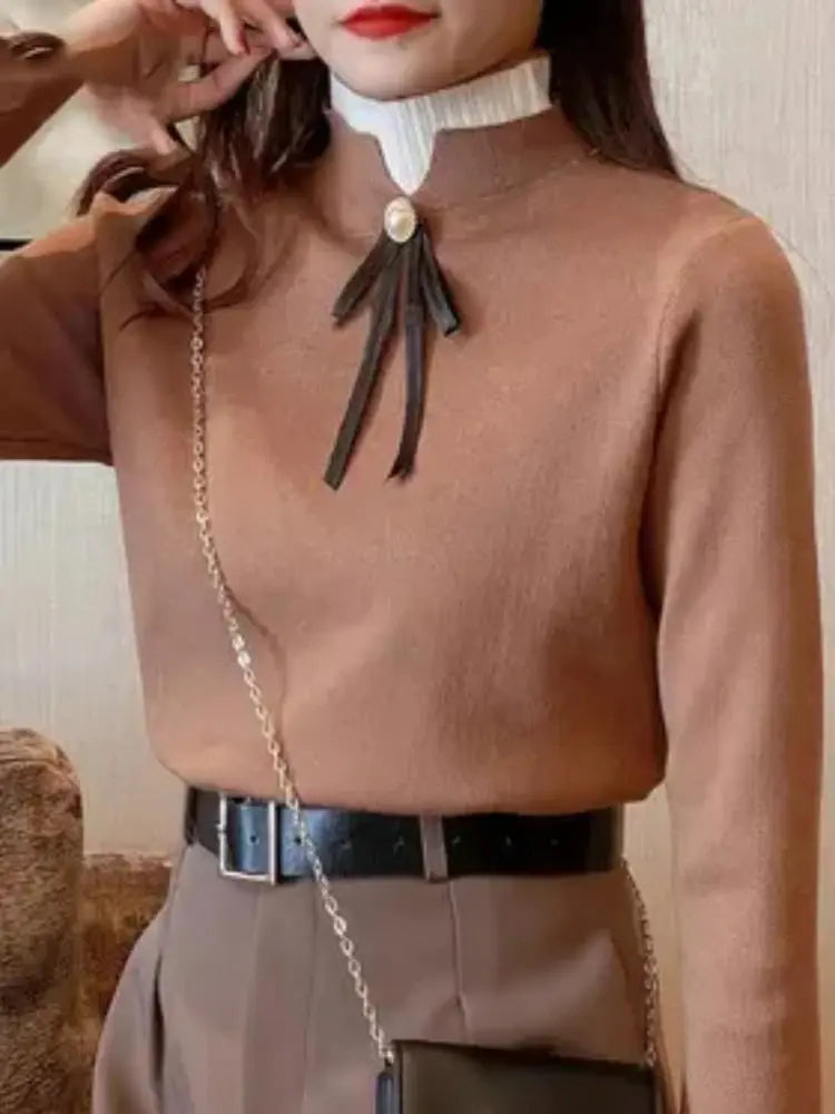 Autumn Winter Sweater Sweet Bow Knitwears Long Sleeve Slim Pullovers Women Solid Knitted Sweater Korean Casual Base Layer Y2k luxecrown.co.uk
