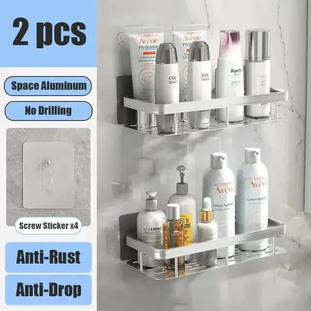 Bathroom Shelf No Drill Wall Mounted Shampoo Bottle Shower Corner Rack Toilet Storage Rack Aluminum Bathroom Kitchen Accessories luxecrown.co.uk
