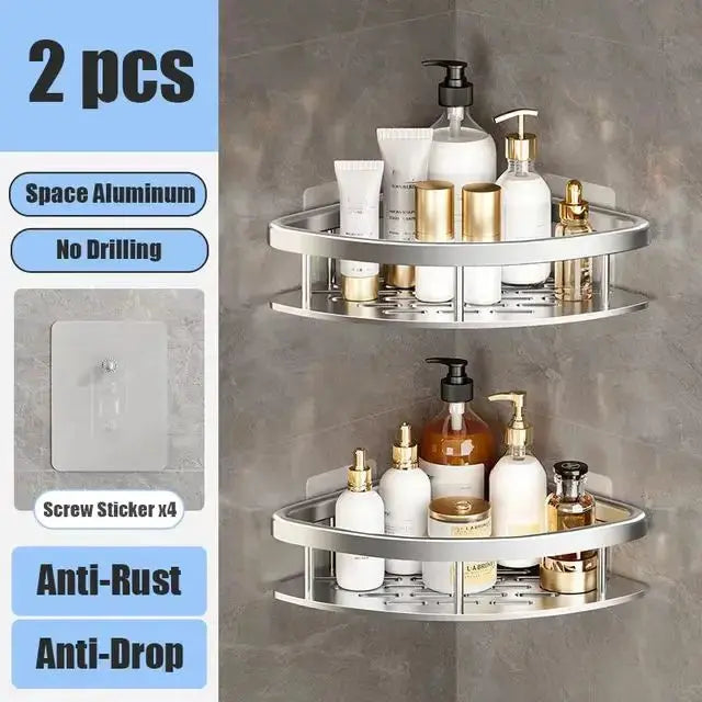 Bathroom Shelf No Drill Wall Mounted Shampoo Bottle Shower Corner Rack Toilet Storage Rack Aluminum Bathroom Kitchen Accessories luxecrown.co.uk