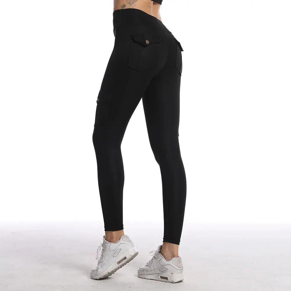 Breathable High Waisted Hip Lifting Button Pocket Sport Brushed Nude Yoga Pants Slimming Tight Leggings High Elastic Leggings luxecrown.co.uk