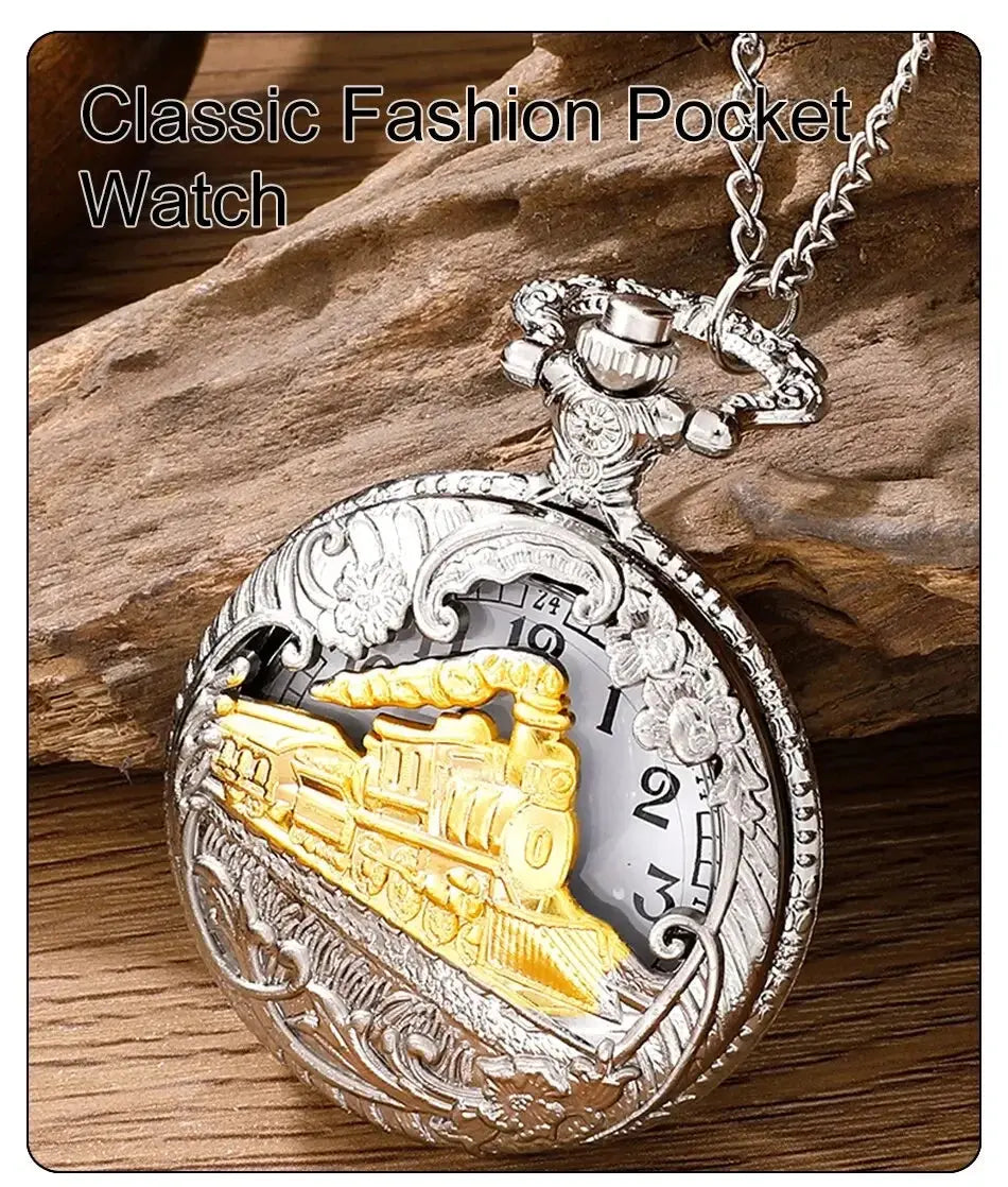 Classic Antique Steam Train Design Pocket Watch with Chain Necklace Vintage Quartz Pendant Watches Clock Chain for Men Women Kid luxecrown.co.uk