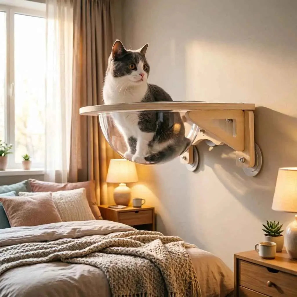 Clear Cat House Wall-Mounted Wooden Cat Space Capsule Clear Capsule Kitten Walls Shelves 15.75inch Load-bearing Up to 16.53lbs
