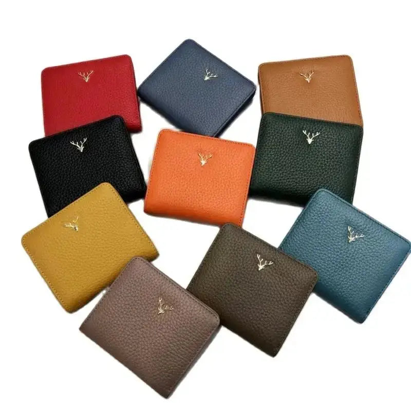 Cowhide Women's Purses Short Thin Small Wallet Chic Christmas Deer Button Ladies Genuine Leather Card Holder Wallet Coin Purse luxecrown.co.uk
