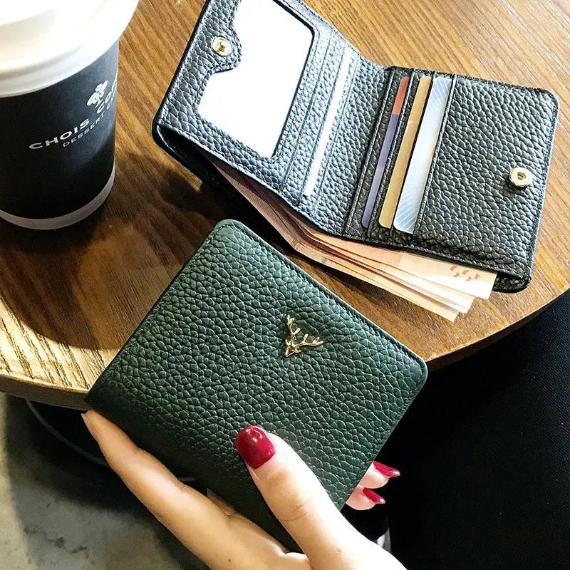 Cowhide Women's Purses Short Thin Small Wallet Chic Christmas Deer Button Ladies Genuine Leather Card Holder Wallet Coin Purse luxecrown.co.uk