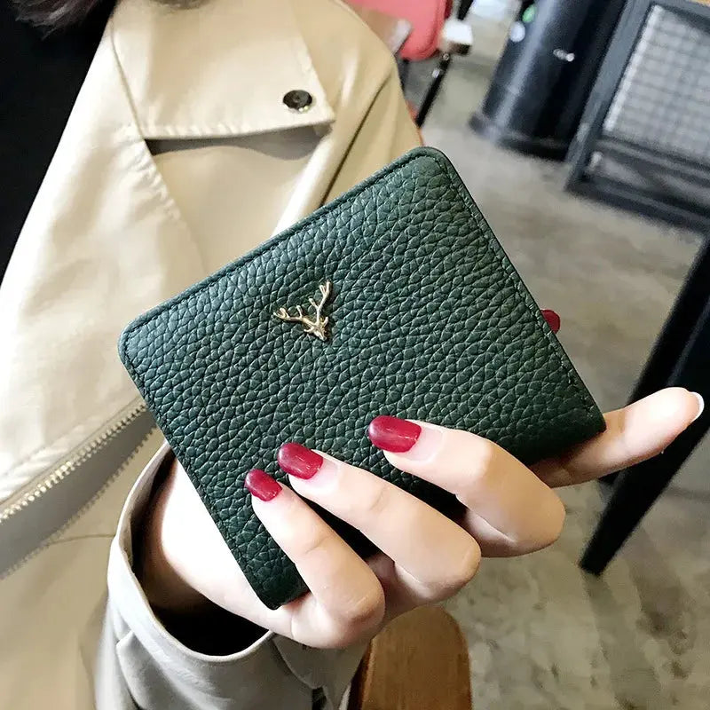 Cowhide Women's Purses Short Thin Small Wallet Chic Christmas Deer Button Ladies Genuine Leather Card Holder Wallet Coin Purse luxecrown.co.uk