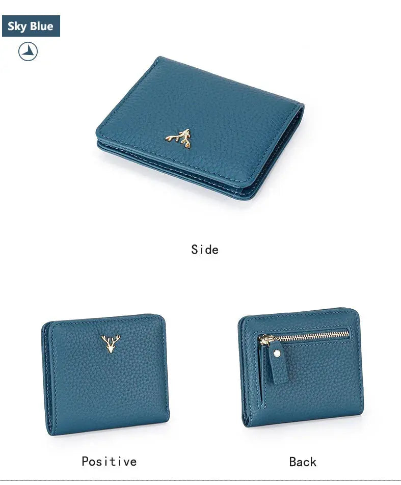 Cowhide Women's Purses Short Thin Small Wallet Chic Christmas Deer Button Ladies Genuine Leather Card Holder Wallet Coin Purse luxecrown.co.uk
