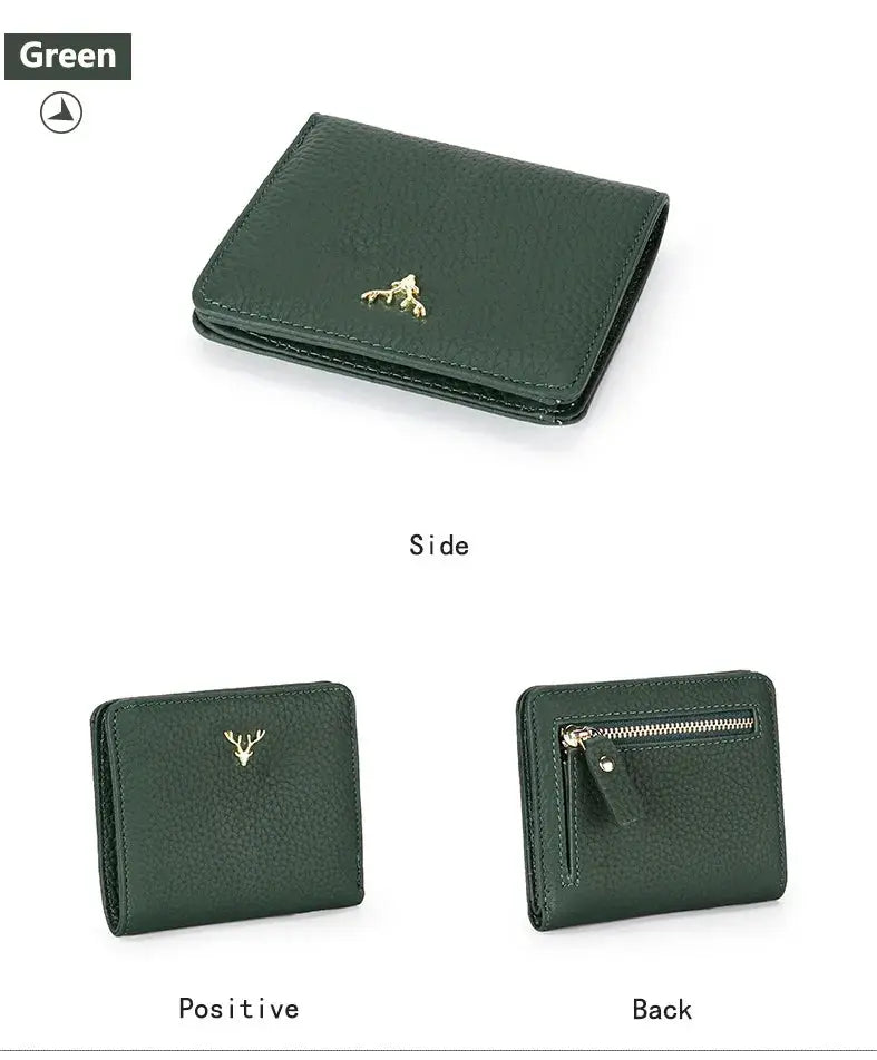 Cowhide Women's Purses Short Thin Small Wallet Chic Christmas Deer Button Ladies Genuine Leather Card Holder Wallet Coin Purse luxecrown.co.uk