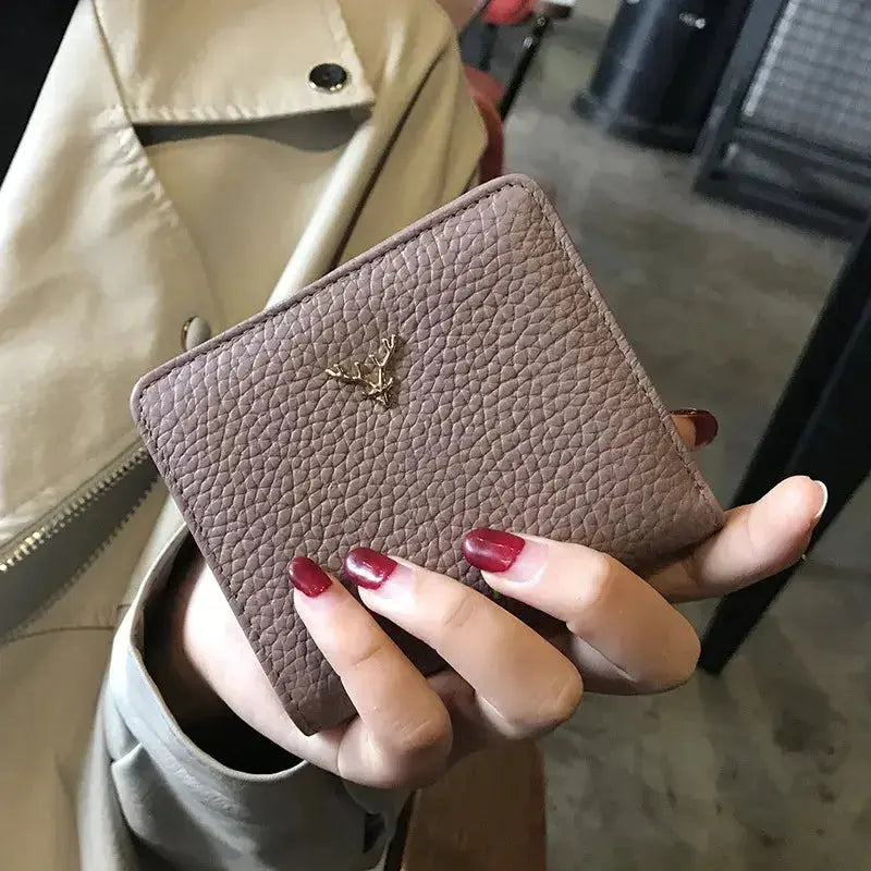 Cowhide Women's Purses Short Thin Small Wallet Chic Christmas Deer Button Ladies Genuine Leather Card Holder Wallet Coin Purse luxecrown.co.uk