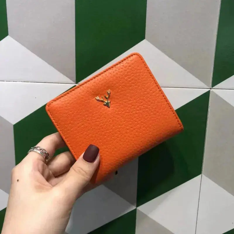 Cowhide Women's Purses Short Thin Small Wallet Chic Christmas Deer Button Ladies Genuine Leather Card Holder Wallet Coin Purse luxecrown.co.uk