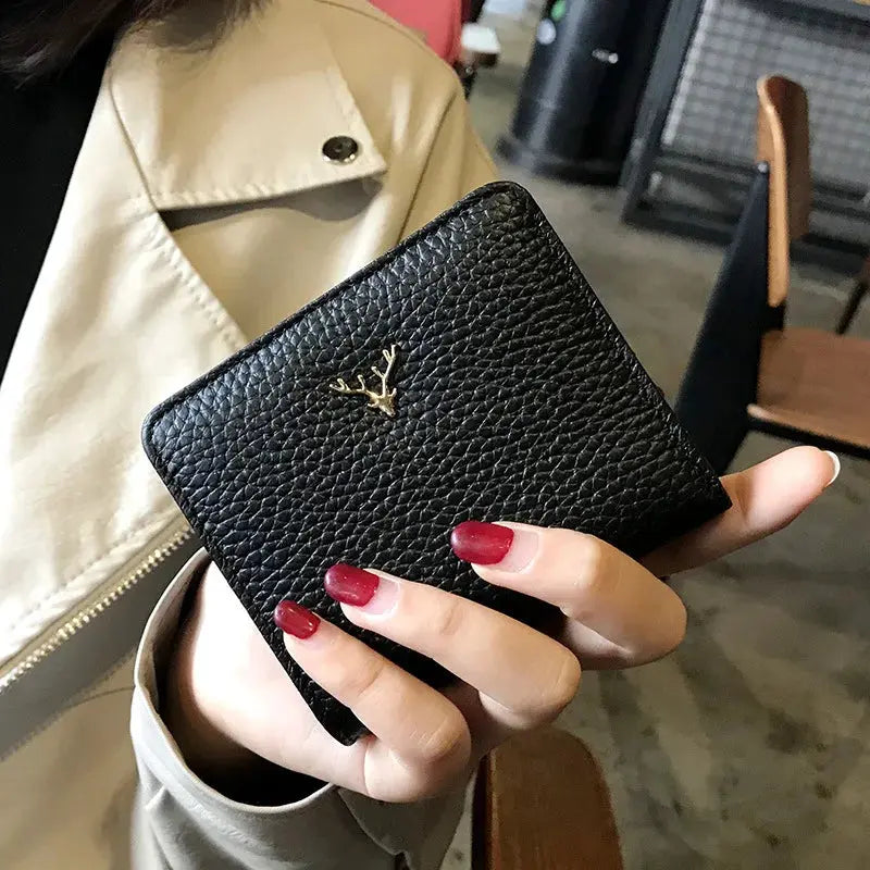 Cowhide Women's Purses Short Thin Small Wallet Chic Christmas Deer Button Ladies Genuine Leather Card Holder Wallet Coin Purse luxecrown.co.uk