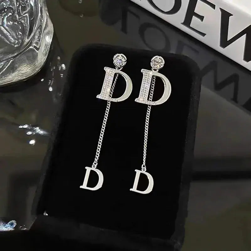 D Letter Tassel Earrings Female S925 Silver Needle New Luxury Shining Long Earrings for Women Korean Designer Jewelry Y2k Streetsharks
