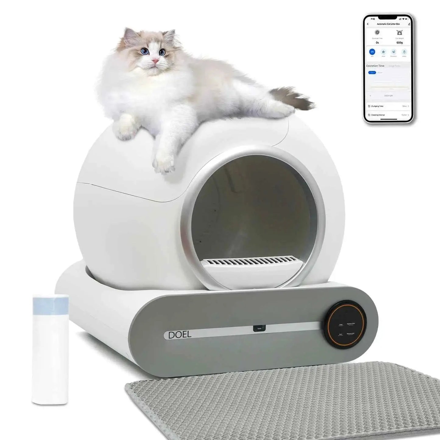 DOEL Self Cleaning Cat Litter Box 65L Automatic Cat Litter Box w/ Trash Bag & Litter Mat Smart Cat Toilet App Control 2.4G WiFi
