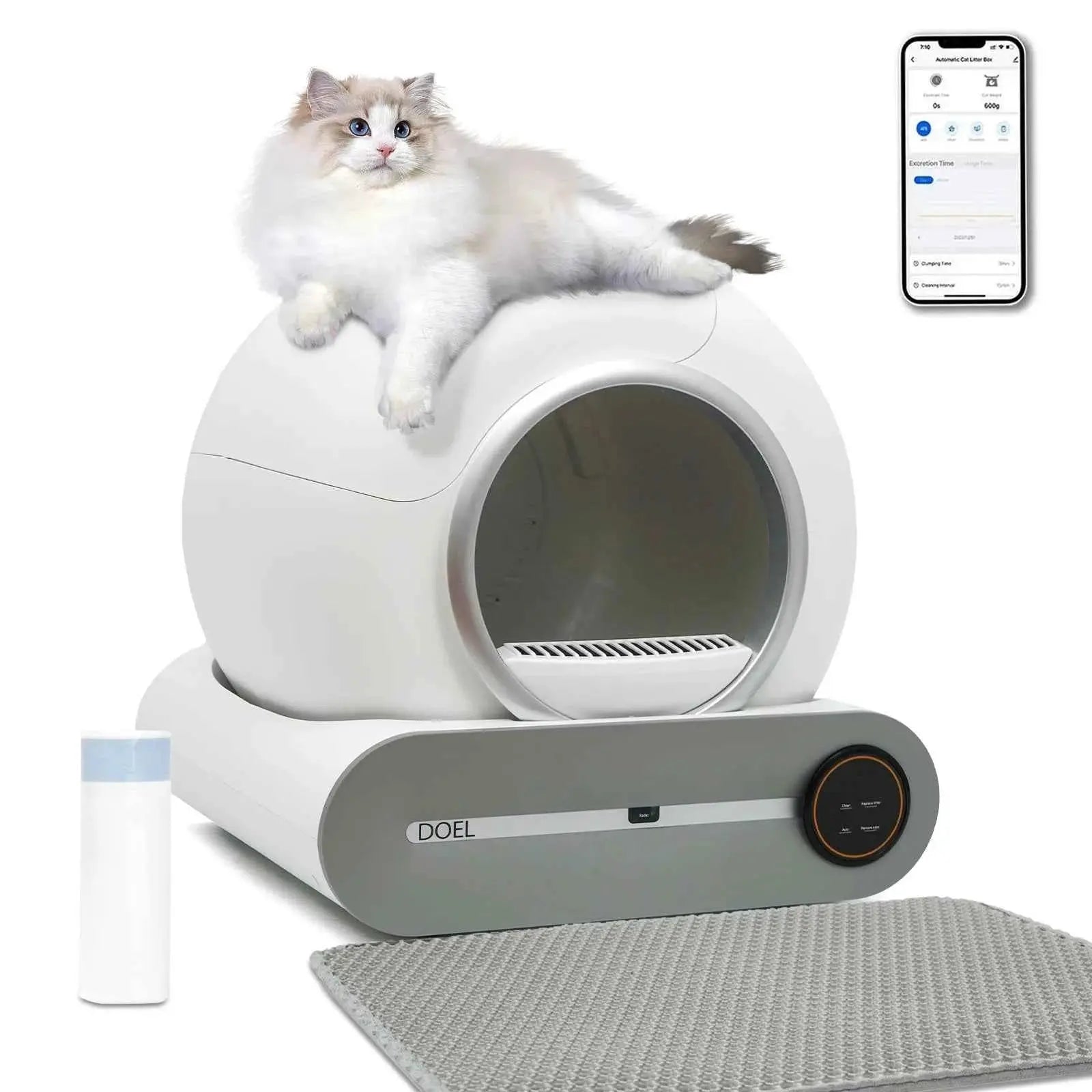 DOEL Self Cleaning Cat Litter Box 65L Automatic Cat Litter Box w/ Trash Bag & Litter Mat Smart Cat Toilet App Control 2.4G WiFi