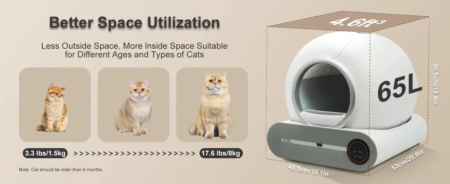 DOEL Self Cleaning Cat Litter Box 65L Automatic Cat Litter Box w/ Trash Bag & Litter Mat Smart Cat Toilet App Control 2.4G WiFi luxecrown.co.uk