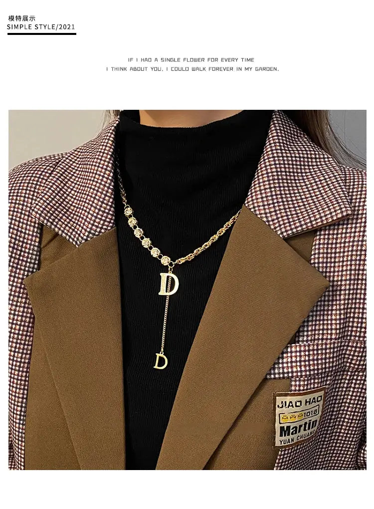 Design Sense Micro Setting Zircon D Letter Pendant Long Necklace Winter Sweater Chain Fashion Jewelry For Woman Girls Party Gift Streetsharks