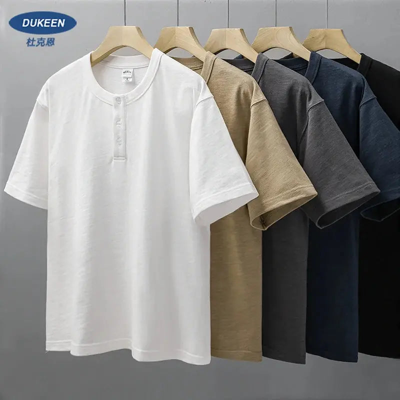 Dukeen 320g Heavyweight Henley Shirt for Men Short Sleeved Summer 100% Cotton Oversized White T Shirt Man Clothing luxecrown.co.uk