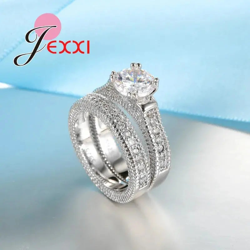 Elegance 925 Sterling Silver 2 PCS Ring Set Paved Full High Quality Shiny Crystals Anel For Women Bride Wedding Jewelry Streetsharks