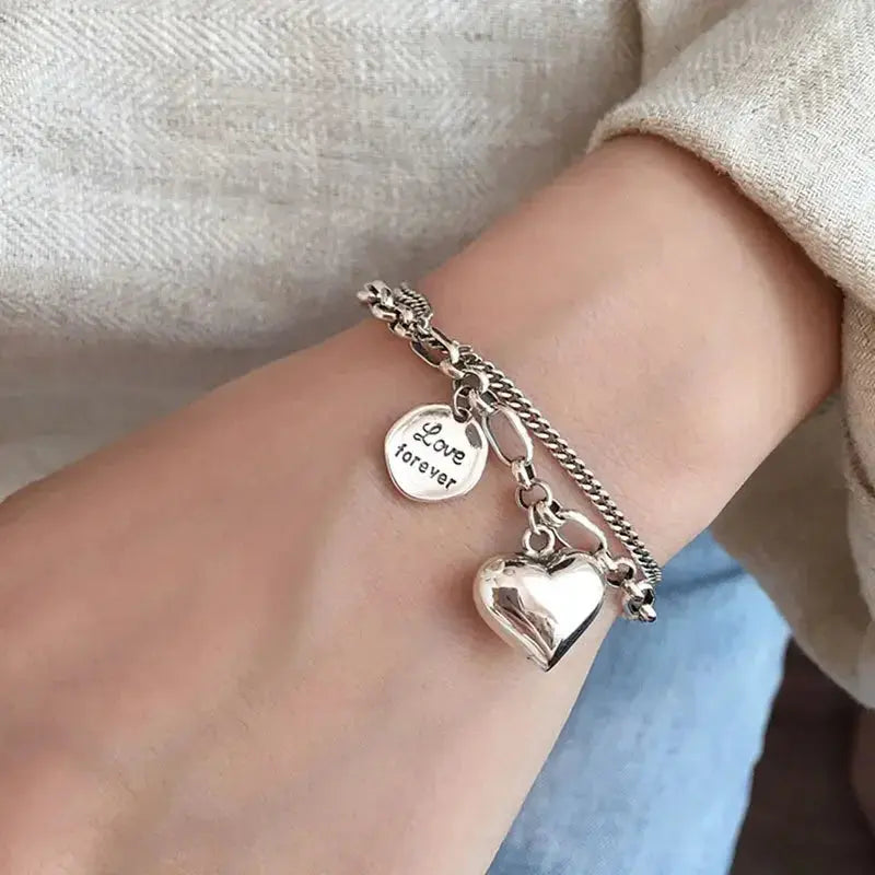 Elegant 925 Sterling Silver Love Letter Heart Double Layer Bracelet Female Unique Design Thai Silver Retro Light Luxury Jewelry Streetsharks