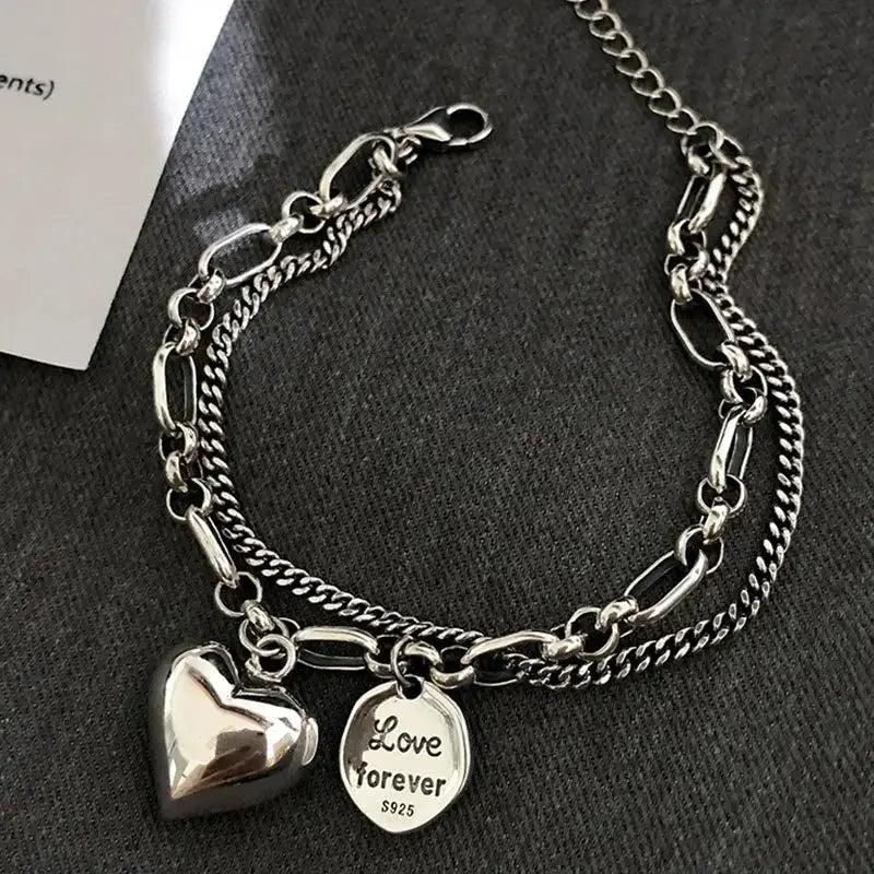 Elegant 925 Sterling Silver Love Letter Heart Double Layer Bracelet Female Unique Design Thai Silver Retro Light Luxury Jewelry Streetsharks