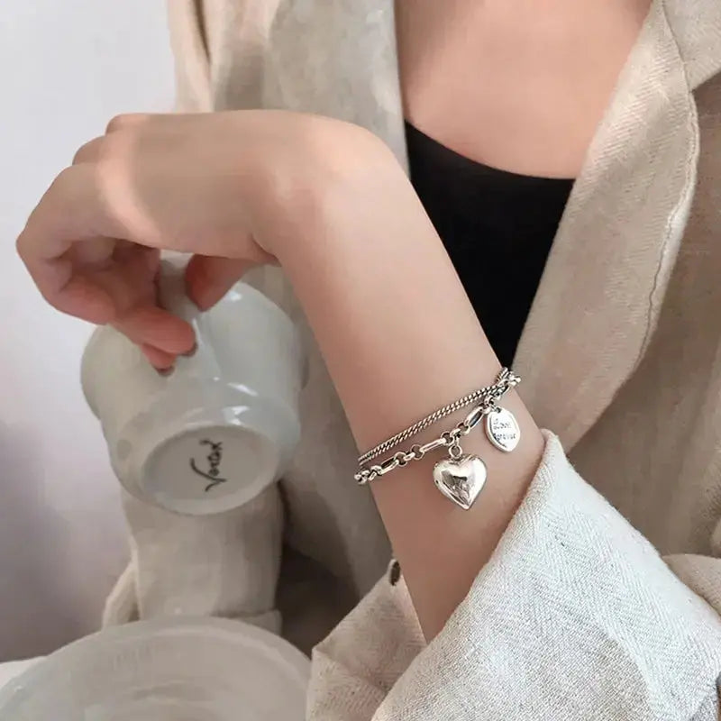 Elegant 925 Sterling Silver Love Letter Heart Double Layer Bracelet Female Unique Design Thai Silver Retro Light Luxury Jewelry Streetsharks