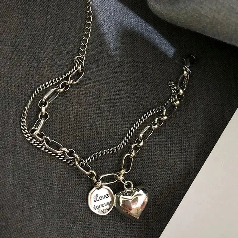 Elegant 925 Sterling Silver Love Letter Heart Double Layer Bracelet Female Unique Design Thai Silver Retro Light Luxury Jewelry Streetsharks