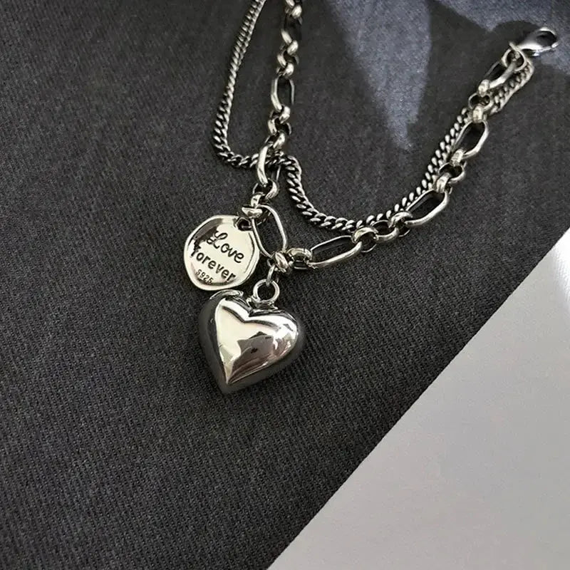 Elegant 925 Sterling Silver Love Letter Heart Double Layer Bracelet Female Unique Design Thai Silver Retro Light Luxury Jewelry Streetsharks