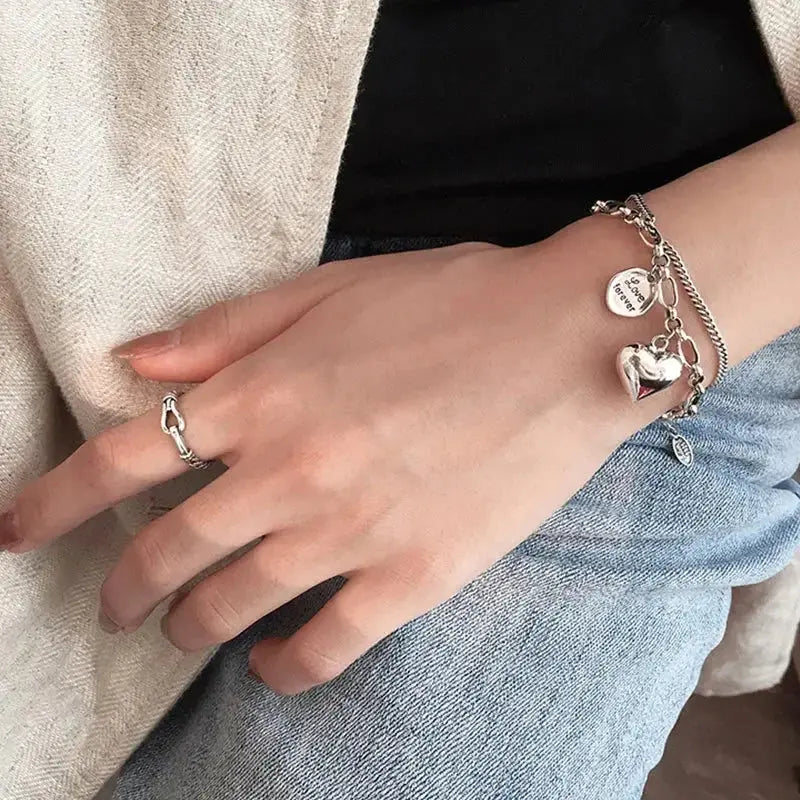 Elegant 925 Sterling Silver Love Letter Heart Double Layer Bracelet Female Unique Design Thai Silver Retro Light Luxury Jewelry Streetsharks