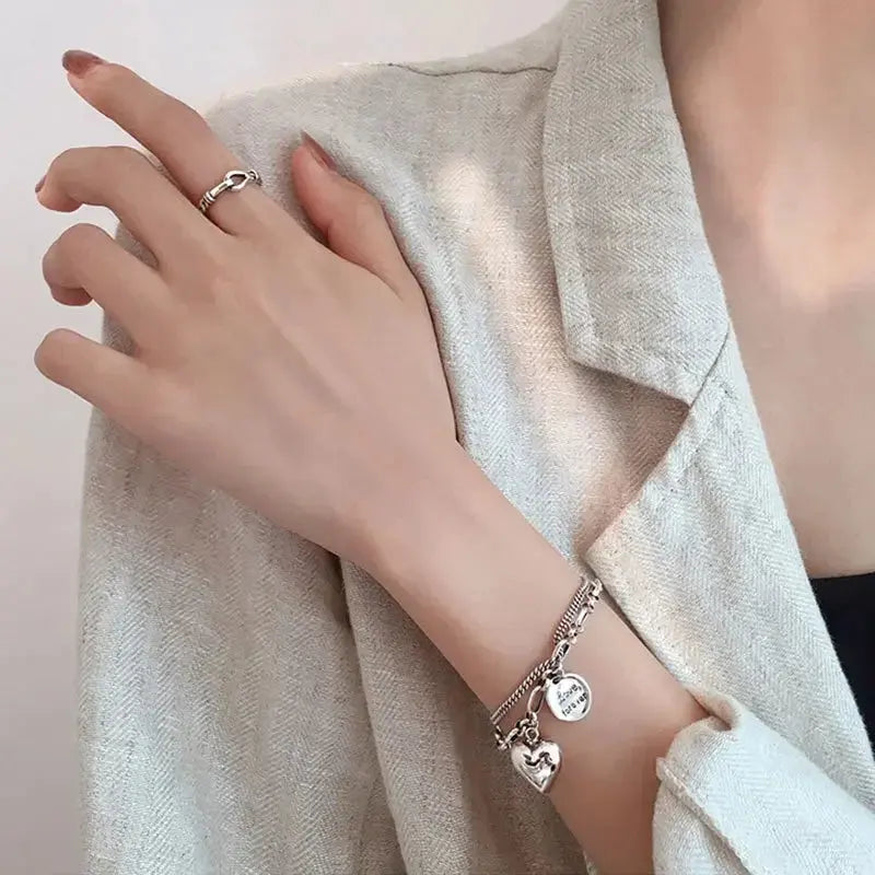Elegant 925 Sterling Silver Love Letter Heart Double Layer Bracelet Female Unique Design Thai Silver Retro Light Luxury Jewelry Streetsharks