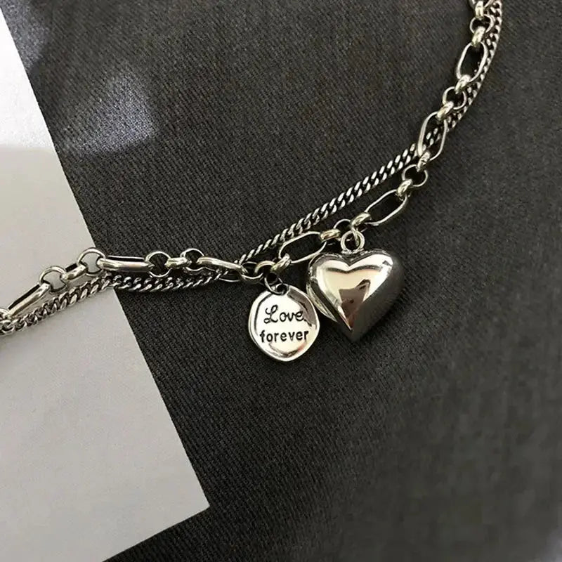 Elegant 925 Sterling Silver Love Letter Heart Double Layer Bracelet Female Unique Design Thai Silver Retro Light Luxury Jewelry Streetsharks